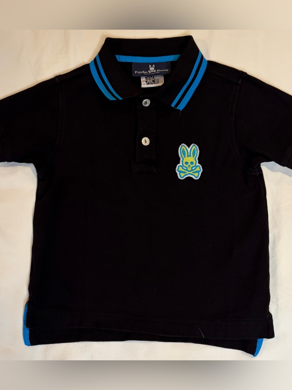 Psycho Bunny Boys Black polo Blue Trim with Embroidered Logo Sz 4 NWOT